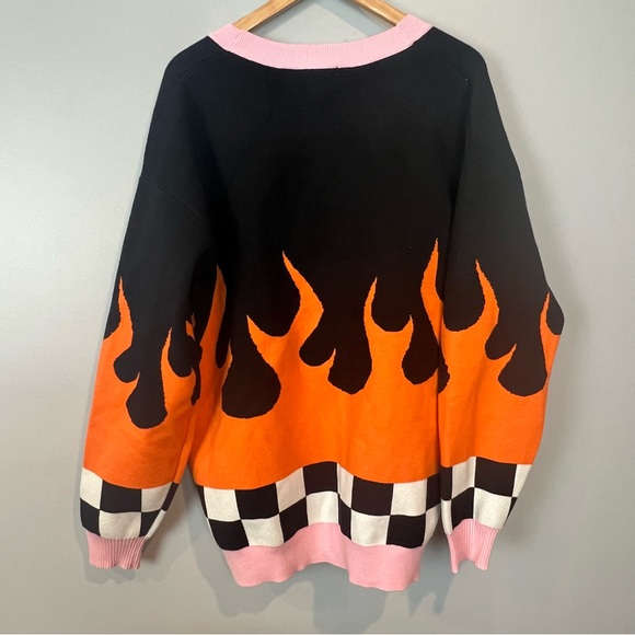 Emy Ave Sk8r Girl Cardigan Sweater Size S/M Oversized Flames Checkered NWT - Picture 6 of 10